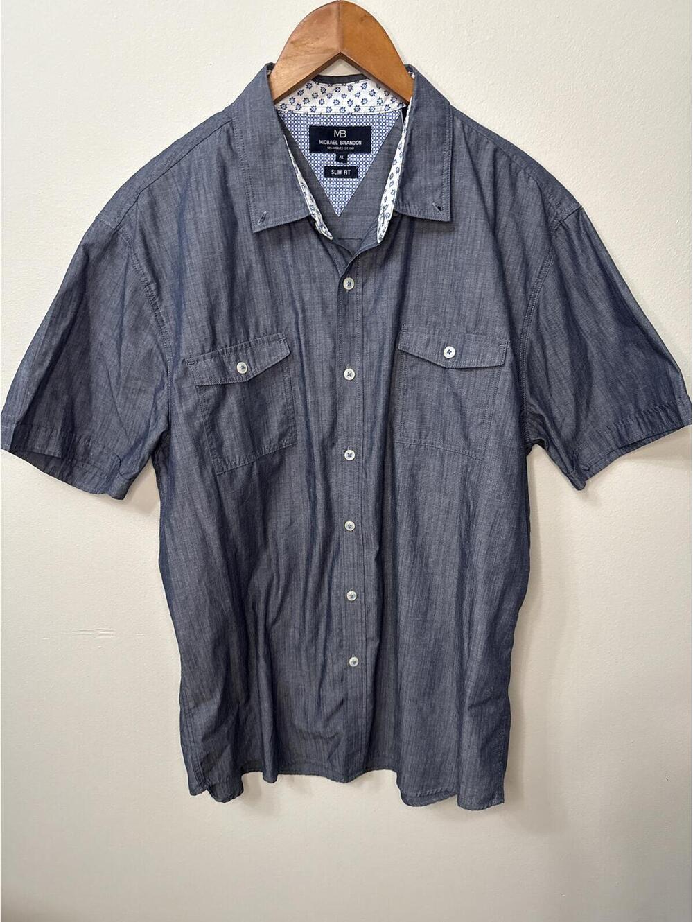Michael Brandon Men’s Slim Fit Chambray Button Front Shirt XL Blue Short Sleeve